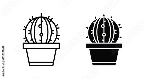 Set of minimalist cactus icons in flower pots featuring outline and solid silhouette styles, perfect for desert-themed branding, gardening apps, and modern UI design.