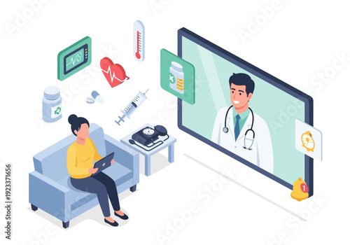 Online medical consultation with doctor on screen, patient at home with tablet