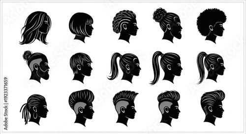 Collection of Diverse Black Hair Styles Silhouettes.