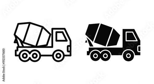 Professional set of concrete mixer truck icons in outline and solid black styles, perfect for construction site signage, industrial logistics apps, and building project management interfaces.