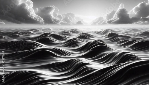 Dramatic Black and White Ocean Waves Under Cloudy Sky.