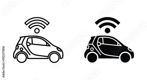 Connected smart car icons set representing autonomous driving technology, wireless vehicle communication, and modern urban mobility solutions for smart city infrastructure.