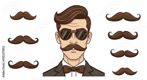 Man with Sunglasses and Various Mustaches Styles.