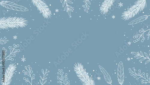 Elegant winter frame design with white hand drawn branches and pine needles on a dusty blue background for holiday invitations.