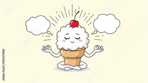 Cute ice cream cone character with a cherry on top meditating in lotus pose for mental health and relaxation concept.