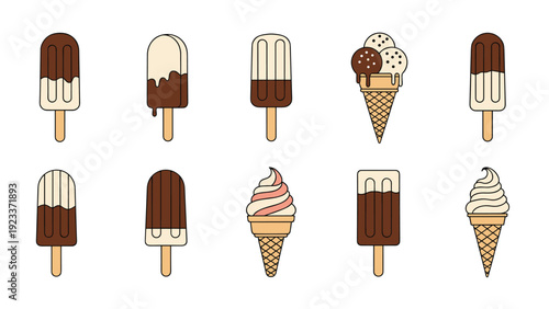 Large set of various ice cream bars and cones with different chocolate and cream flavors for summer dessert menu design.