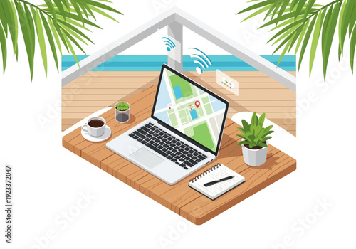 Remote work setup with a laptop, coffee, and plant on a balcony overlooking the ocean, symbolizing digital nomad lifestyle and connectivity