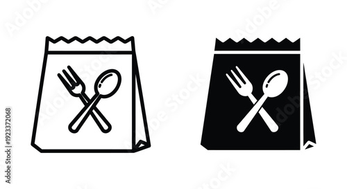 Set of minimalist food delivery bag icons featuring crossed fork and spoon symbols, ideal for restaurant takeaway, meal prep, and catering service branding.