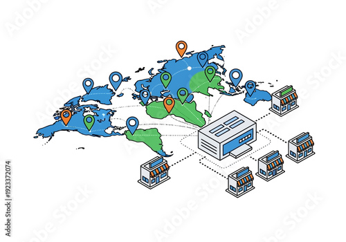 Global Logistics and Transportation Network Illustration Showing Worldwide Distribution Centers and Shipping Routes