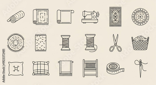 Collection of vintage sewing and textile icons in sketch style.