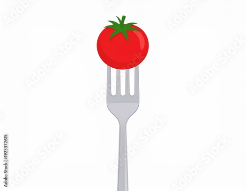 Fresh Red Tomato Impaled on a Silver Fork, Ready to Eat, Isolated on White Background.