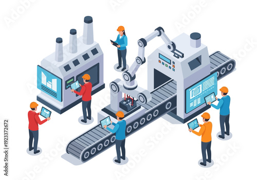 Industrial workers collaborating on automated production line with robotic machinery in modern factory setting from an overhead viewpoint