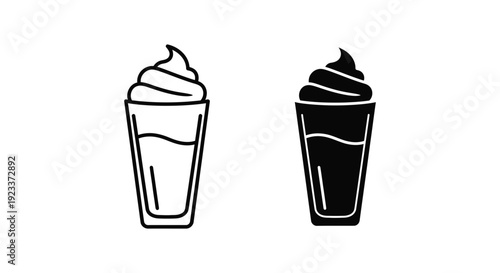Minimalist vector icons of a delicious milkshake or iced coffee with whipped cream topping, featuring both outline and solid silhouette styles for cafe menu design