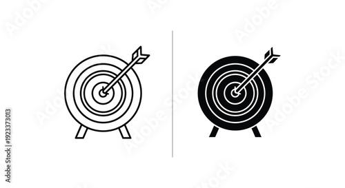 Minimalist target and arrow icon set in outline and solid styles representing business goals, precision marketing, and successful achievement on a clean white background.