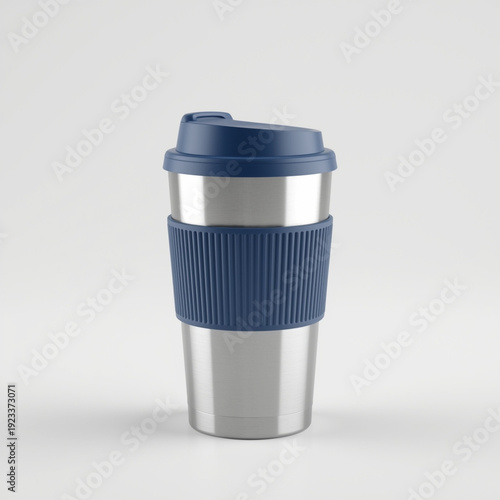 A stainless steel travel mug with a blue lid and grip on a white background