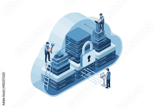 Three technicians accessing secured cloud data storage through multiple servers and a prominent lock icon