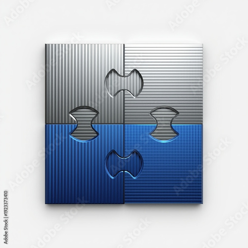 A puzzle piece coming together in a corporate setting with a blue and silver design