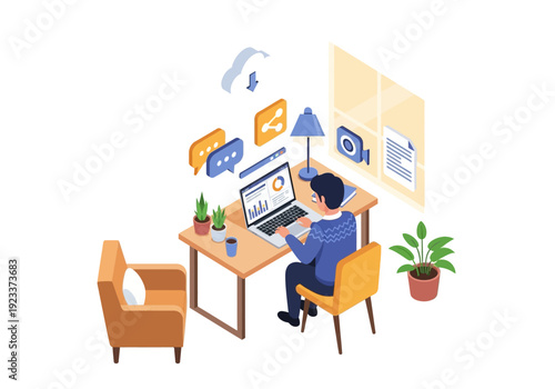 Person working on laptop at desk with chair, potted plant, and chair in the office environment viewed from the side