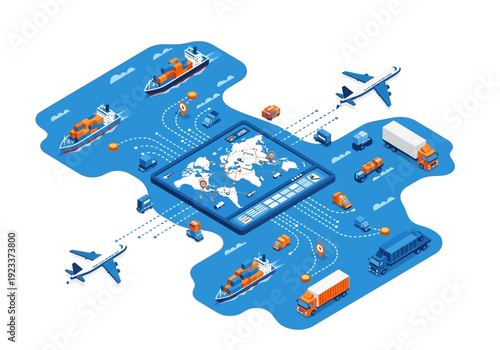 Global Logistics and Transportation Network Illustration Featuring Ships, Trucks, Airplanes, Containers, and Parcels
