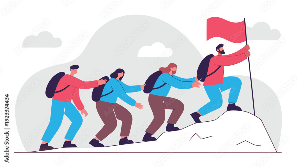 Obraz premium Bearded man leading a diverse team of hikers up a steep mountain, holding a red flag at the forefront.