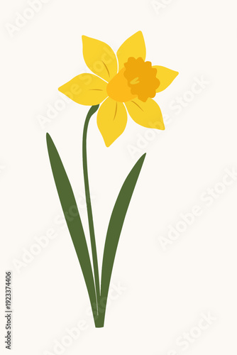 Minimalist vector illustration of a single vibrant yellow daffodil flower with green stem and leaves