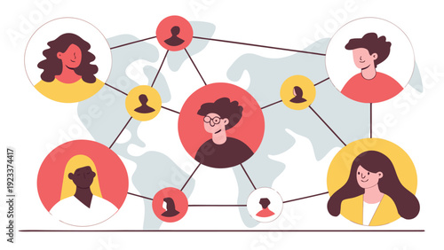 Diverse cartoon avatars connected by lines forming a global business network over a light world map background.