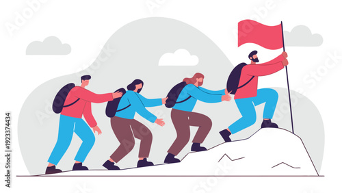 Bearded man leading a diverse team of hikers up a steep mountain, holding a red flag at the forefront.