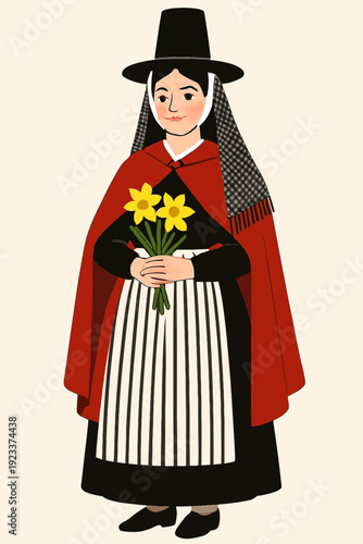 Traditional Welsh lady in national costume with tall black hat, red cloak, apron, and shawl, holding daffodils