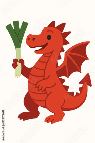 Cute cartoon Welsh red dragon holding a leek in its claw, smiling, standing on hind legs