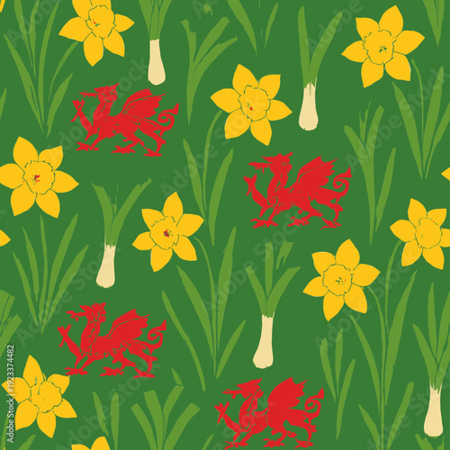 Seamless pattern of repeating daffodils, leeks, and small red Welsh dragons on green background