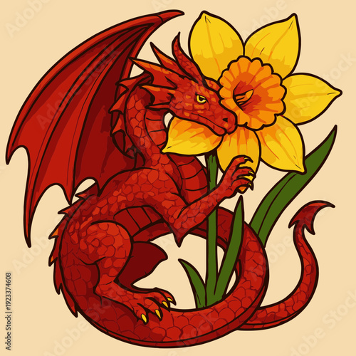 Large red Welsh dragon curled around a giant daffodil flower, protective pose, vibrant colors, fantasy vector art