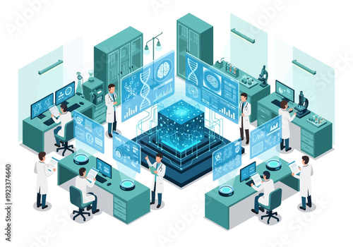 Scientists collaborating in a high-tech laboratory with futuristic equipment and advanced technology interfaces from an aerial viewpoint