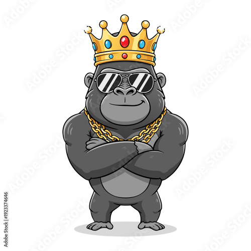 Cartoon Illustration of Confident Gorilla Wearing Crown and Gold Chain Jewellery