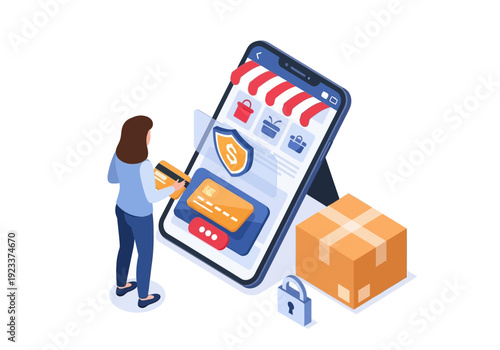 Woman interacting with oversized smartphone displaying e-commerce interface, surrounded by cardboard boxes and lock