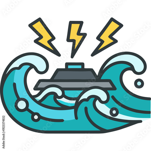 A futuristic submarine navigates through turbulent ocean waves under thunderstorm.