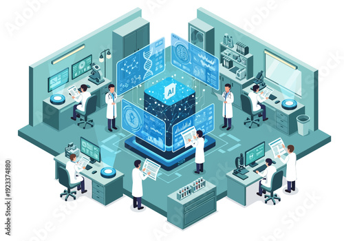Scientists collaborating in a high-tech laboratory setting with computer servers and digital interfaces viewed from above