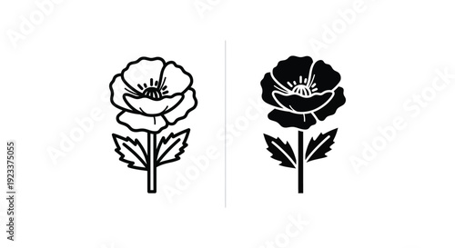 Minimalist poppy flower vector icons featuring outline and solid black silhouette styles, ideal for botanical branding, floral logos, and Remembrance Day commemorative designs.