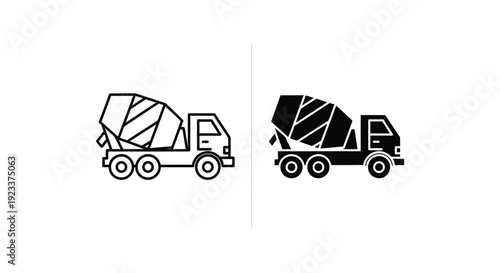 Minimalist concrete mixer truck icon set featuring outline and solid silhouette styles for construction and industrial design projects