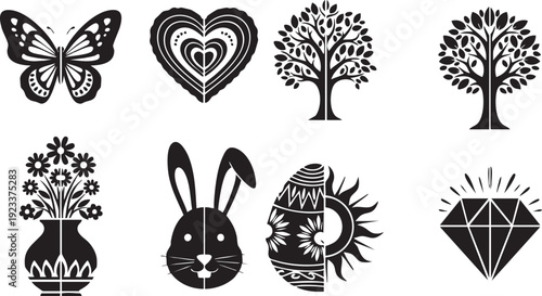 Black and white of butterfly, heart, trees, vase, rabbit, sun, diamond, and flowers