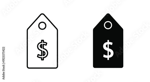 Minimalist Price Tag Icons with Dollar Sign Symbol in Outline and Solid Black Styles for E-commerce Retail and Discount Marketing