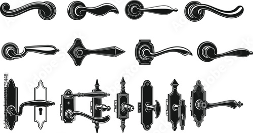 Black door handle silhouette icon set, vintage and modern lever handles collection, decorative architectural hardware elements, classic home interior accessories,