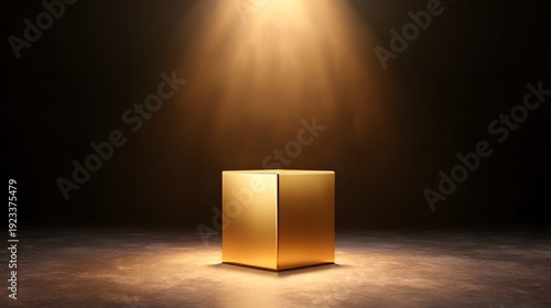 Golden Cube in Spotlight: A singular, lustrous gold cube bathed in the warm glow of a spotlight, poised on a textured surface, offering a versatile visual for concepts like innovation and value.
