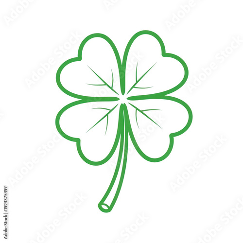 A vibrant green four-leaf clover with a stem, symbolizing good luck.