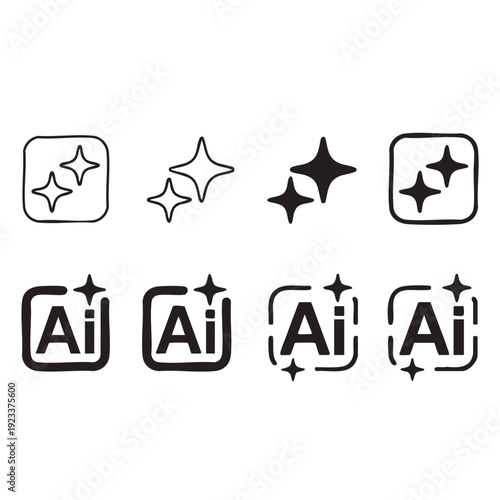 A set of seven graphic icons featuring star symbols and 'Ai' text in various styles on a clean background from a direct viewpoint
