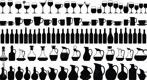 Black drinkware and beverage container silhouettes set, glasses cups bottles jugs collection, bar cafe kitchen icons, flat vector illustration, isolated design elements