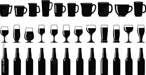 Black drinkware silhouette icon set, cups mugs glasses and bottles collection, coffee tea beer wine glassware, flat vector illustration isolated on white background