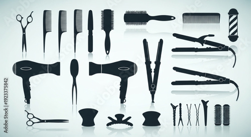 Collection of professional hairdressing tools and accessories silhouette.