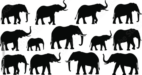 Black elephant silhouette icon set, african and asian elephants collection, wildlife animal poses including adults and calves, flat vector illustration isolated on white background