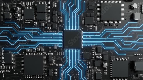 Microchip on circuit board with blue glowing lines