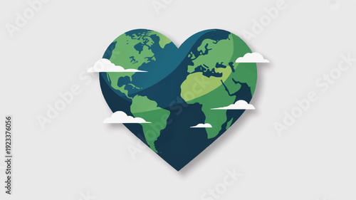 Earth shaped heart with clouds eco love symbol green blue globe environmental care concept heart shaped earth